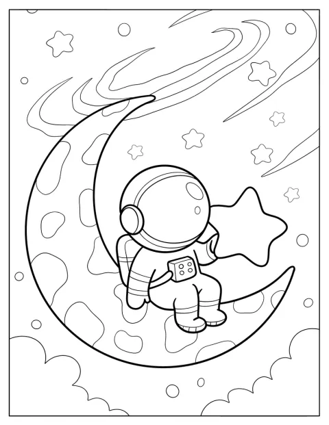 Um pequeno astronauta senta-se numa Lua crescente, rodeado pelo espaço.