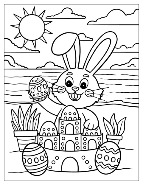 Pupu rakentaa aurinkoisena päivänä hiekkalinnaa pääsiäismunien kanssa.
