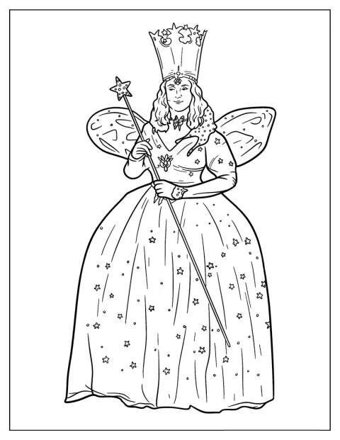Glinda zâmbește și ține bagheta magică în mână.