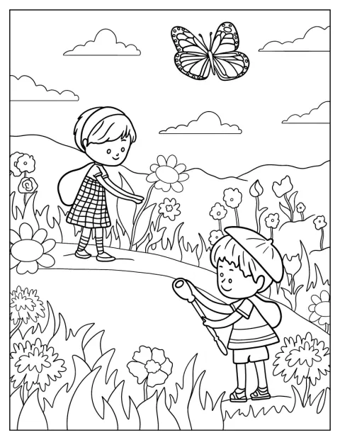 En sommerfugl svever over blomsterenga mens to barn ser på.