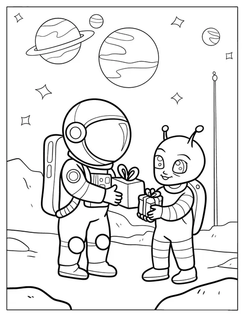 Num planeta distante, um astronauta e um extraterrestre trocam presentes.