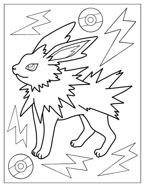 Jolteon står med sine spidse pigge og skarpe konturer.