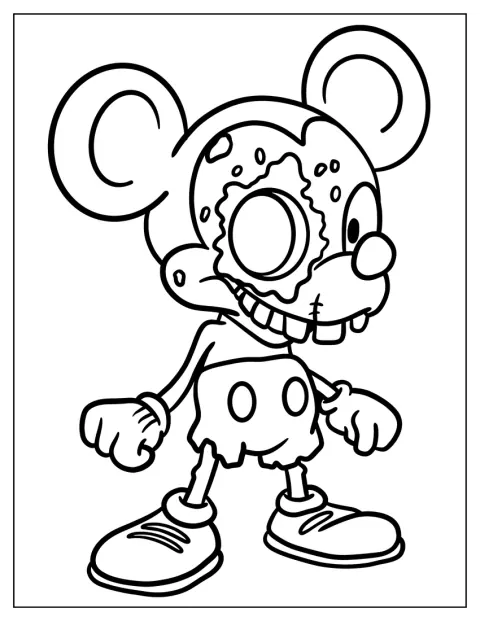 Topolino, trasformato in uno zombi, si aggira con aria minacciosa.