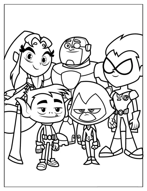 Teen Titans Go-figurerna syns i en enkel konturteckning.