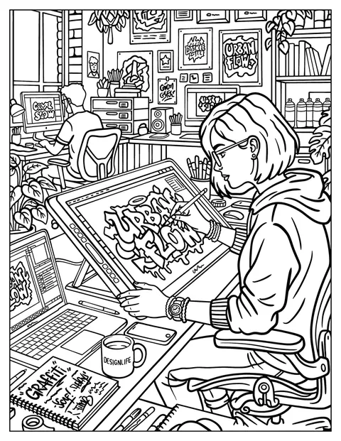 Un artista digital diseña un grafiti en su pantalla.