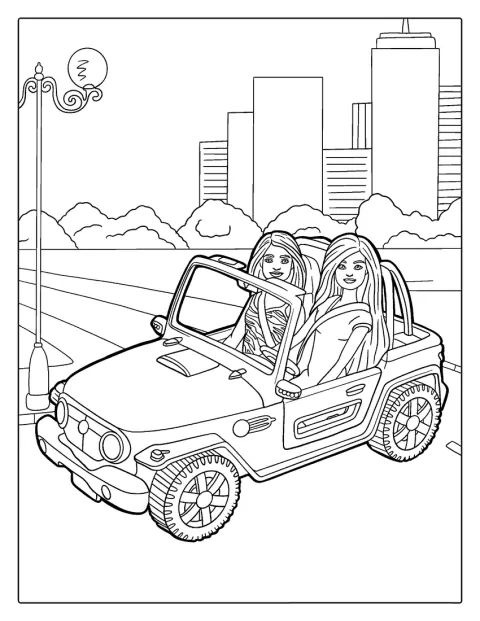 Barbie og en veninde kører gennem landskabet i en jeep.