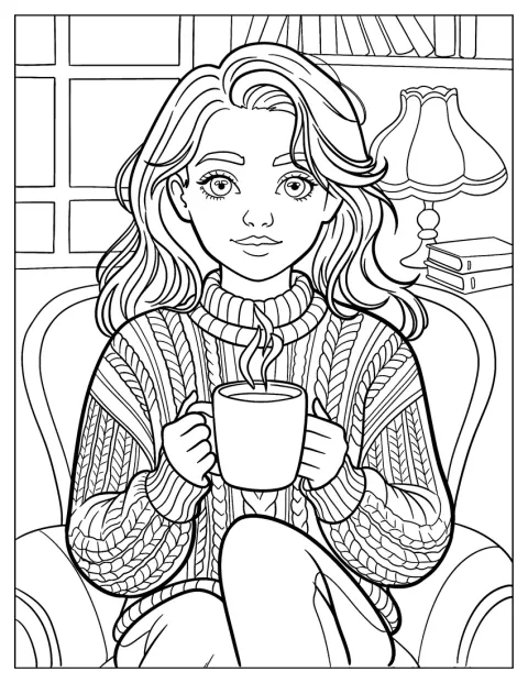 Vêtue d’un pull, une femme tient une tasse de café chaud.