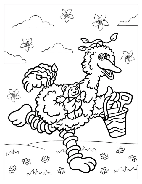 Big Bird corre por um campo aberto enquanto segura um cesto.