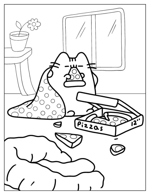 Pusheen se schovává pod dekou a pochutnává si na pizze.