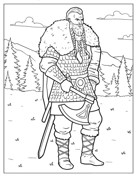 Um viking protegido por uma armadura segura um machado.