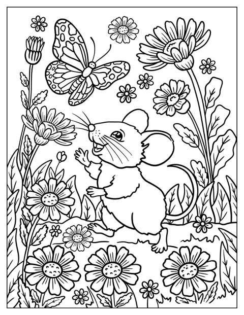 Une souris tend la patte vers un papillon dans un pré parsemé de marguerites.