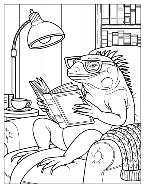 En glasögonprydd leguan läser en bok i en bekväm fåtölj.