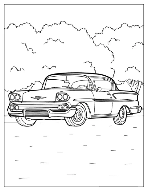 Vintage Chevrolet Impala je zachycený z boku na jednoduchém pozadí.
