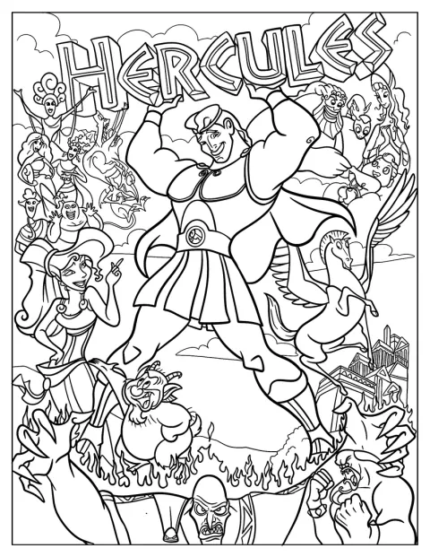 Hercules og filmens øvrige figurer er samlet på en detaljeret plakat.