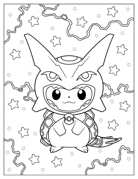 Uroczy Pikachu w stroju Rayquazy pozuje z uśmiechem.