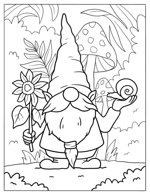 Um gnomo segura uma flor enquanto um caracol se aproxima.