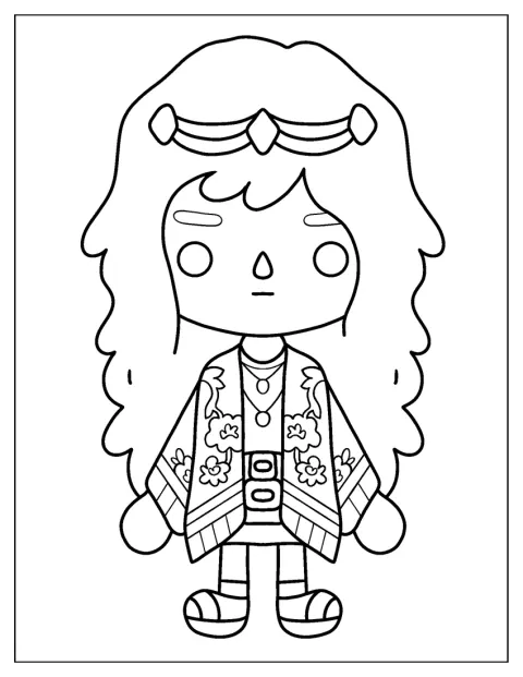Une fille hippie de Toca Boca pose avec sa tenue colorée.