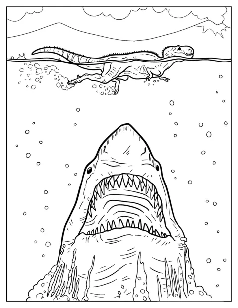 Um megalodonte persegue um T. rex que nada na água.