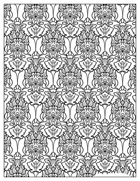 Flores e formas de chama entrelaçam-se num padrão ornamental.