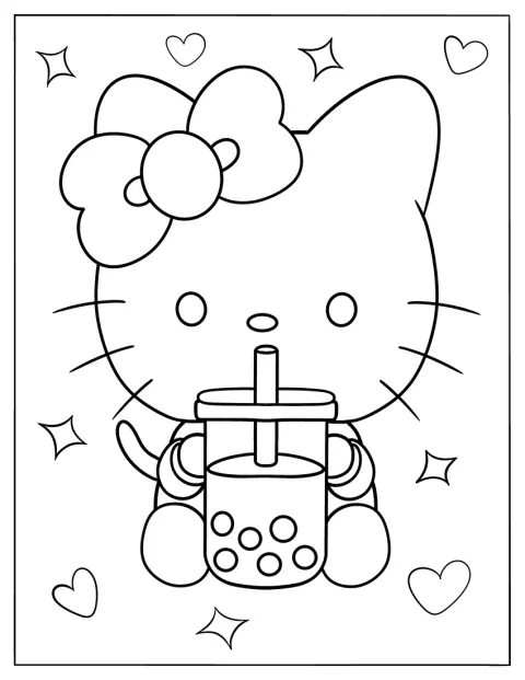 Hello Kitty popíjí bubble tea a kolem ní září hvězdičky.