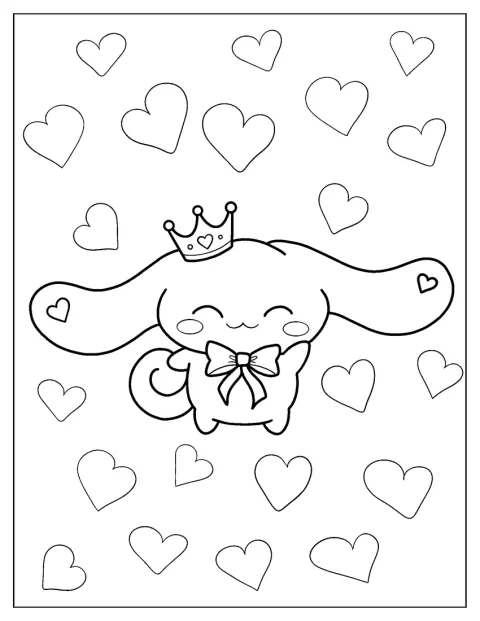 Cinnamoroll sitter med en krona på huvudet och ser glad ut.