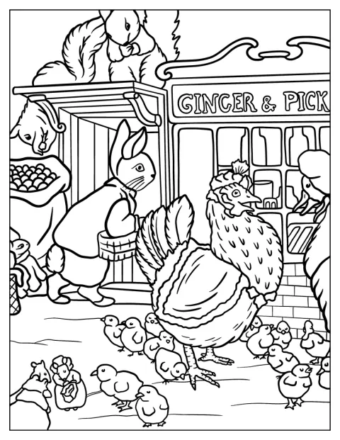 Jemima Puddle-Duck, Peter Rabbit y JW Rooster II aparecen juntos.