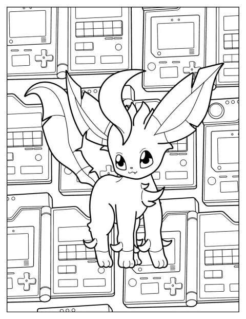 Leafeon stoi przed kilkoma konsolami do gier.