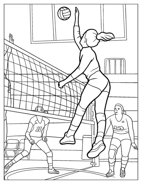 En kvinde svæver i luften og gør klar til at slå til volleyballen.
