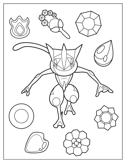 ゲッコウガの周りにポケモンの宝石が散りばめられています。