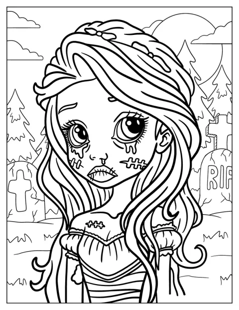 In einem hübschen Kleid schaut ein Zombiemädchen traurig drein.