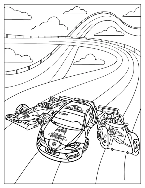 Varios coches Hot Wheels compiten a toda velocidad en el circuito.