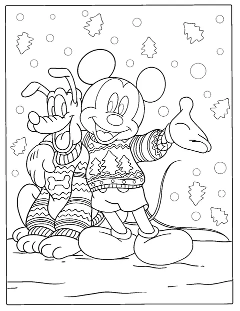Mickey Mouse e Pluto vestem camisolas de Natal, lado a lado.