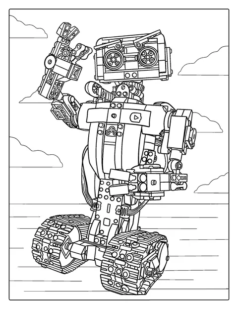 Robot sestavený z Lego kostek stojí vzpřímeně.