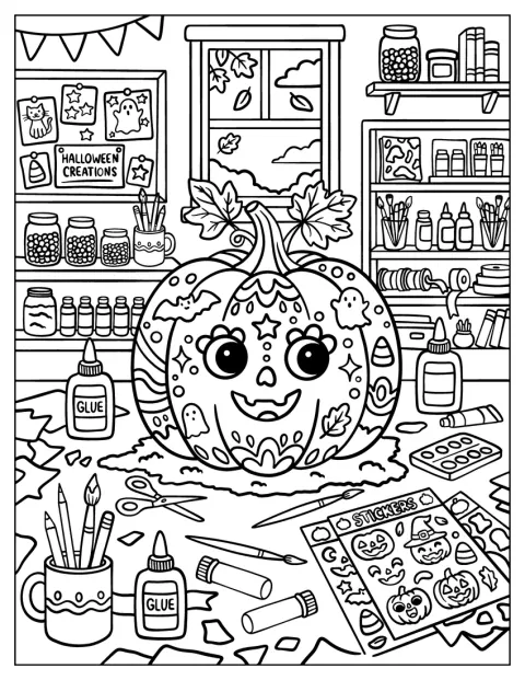 美術室で、色を塗ったハロウィーンかぼちゃが飾られています。