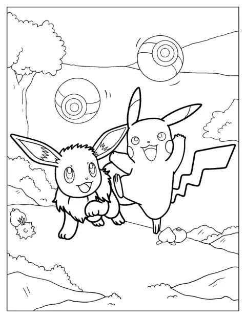 Eevee ja Pikachu leikkivät yhdessä.