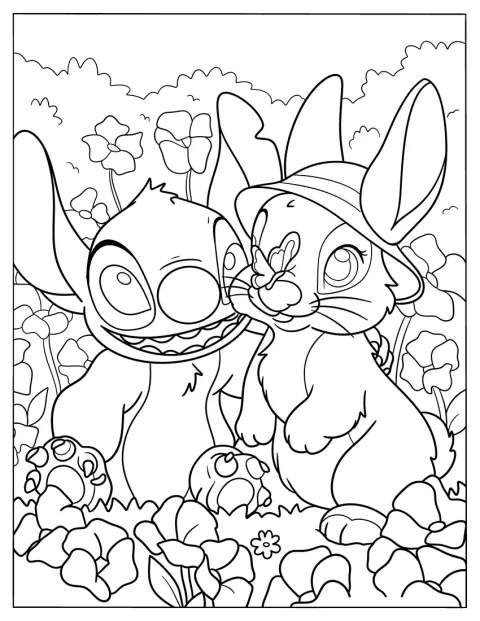 En pälsig kanin sitter med Stitch omgiven av blommor.