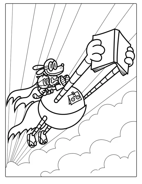 Dog Man e il gatto Petey sono sopra un robot.
