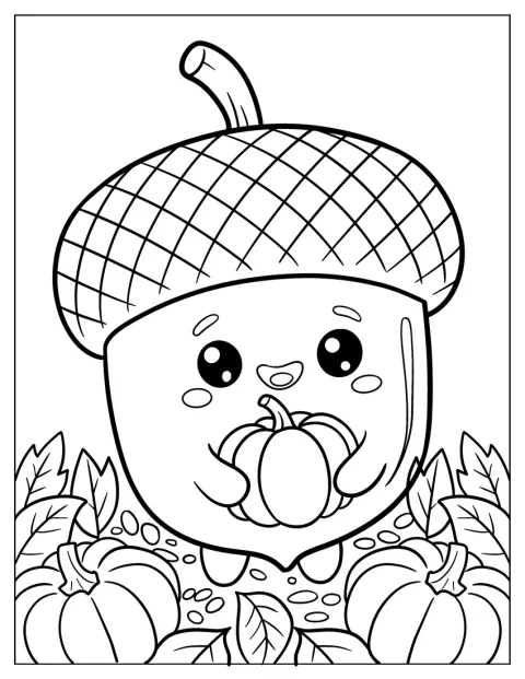Happy Acorn Coloring Page Surrounded by Pumpkins and Leaves for Kids
