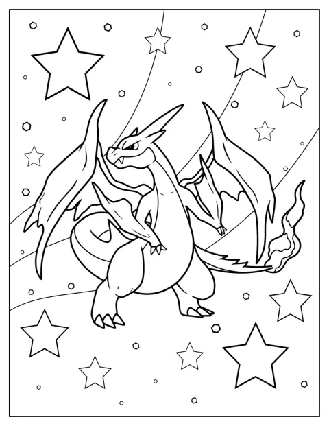 Mega Charizard Y-t csillagok veszik körül.