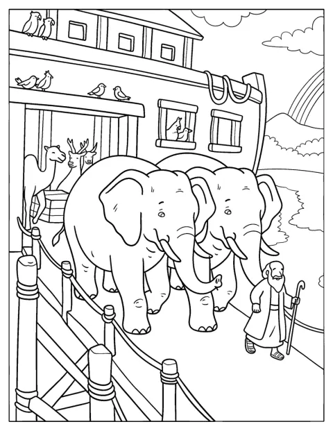 Noé conduz um par de elefantes para fora da arca.