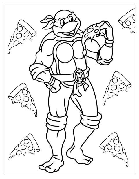 Michelangelo geniet van een stuk pizza.