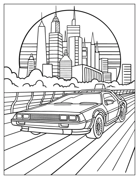 Un’auto sportiva d’epoca sfreccia tra gli edifici di un paesaggio urbano.
