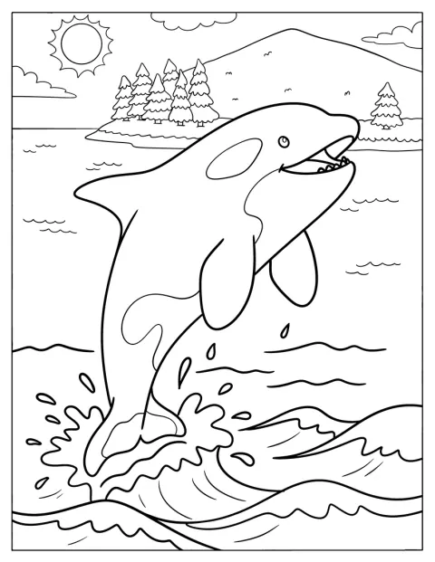 Ein Orca springt hoch aus dem Wasser des Pazifiks.