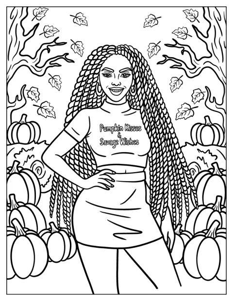 Eine Baddie mit Dreadlocks posiert neben Kürbissen im Herbst.