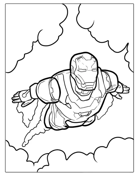 Iron Man attraversa il cielo in volo, spinto dai propulsori della sua armatura.