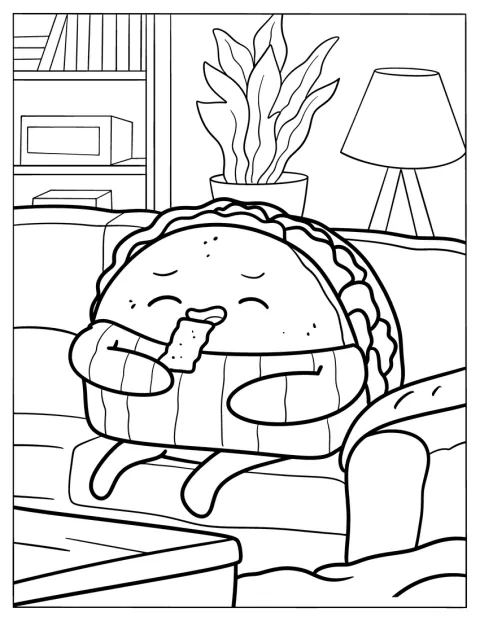 Ein Taco sitzt gemütlich auf einem Sofa.