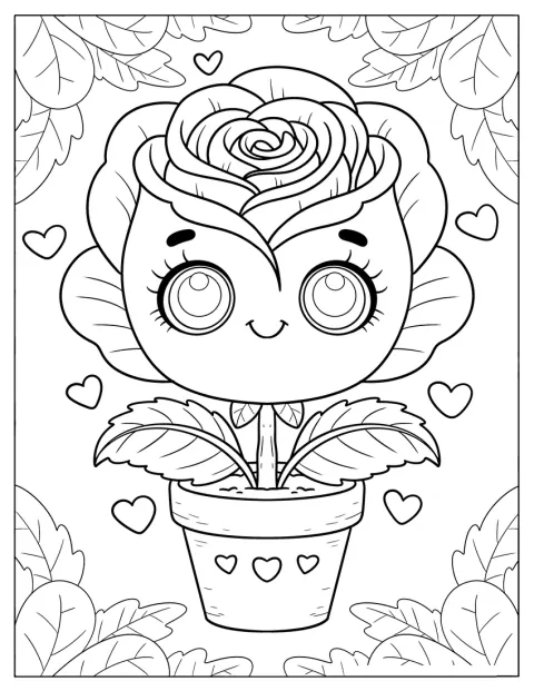 Une rose de dessin animé sourit depuis son pot.