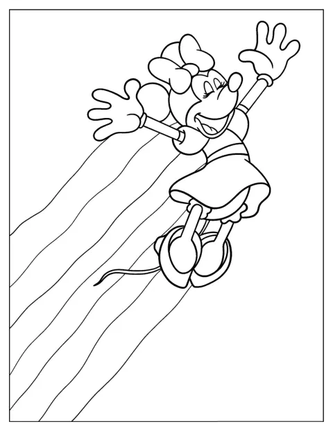 Minnie Maus steht vor einem großen Regenbogen.