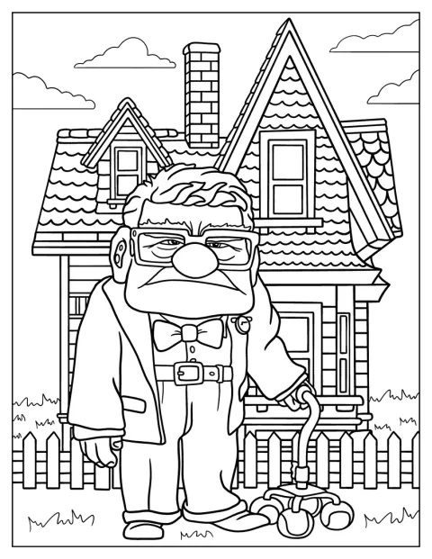 Carl se tient d’un air bougon devant sa maison dans Là-haut.