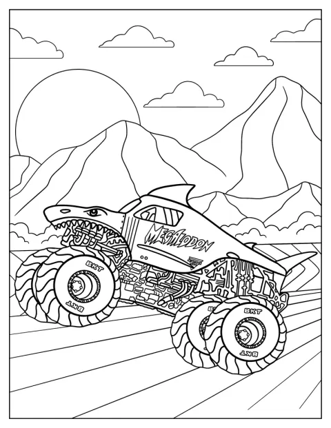 A Megalodon monster truck egy úton halad.